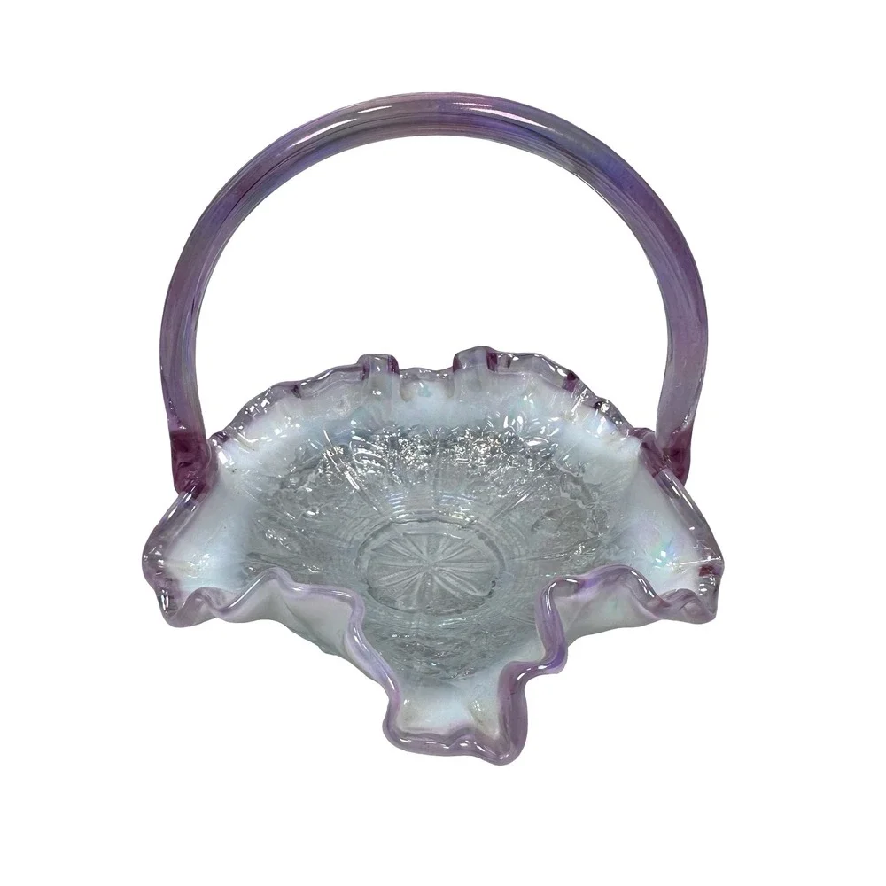 Fenton Iridescent Clear Carnival Glass Floral Basket Ruffled‎ Edge Pink Handle